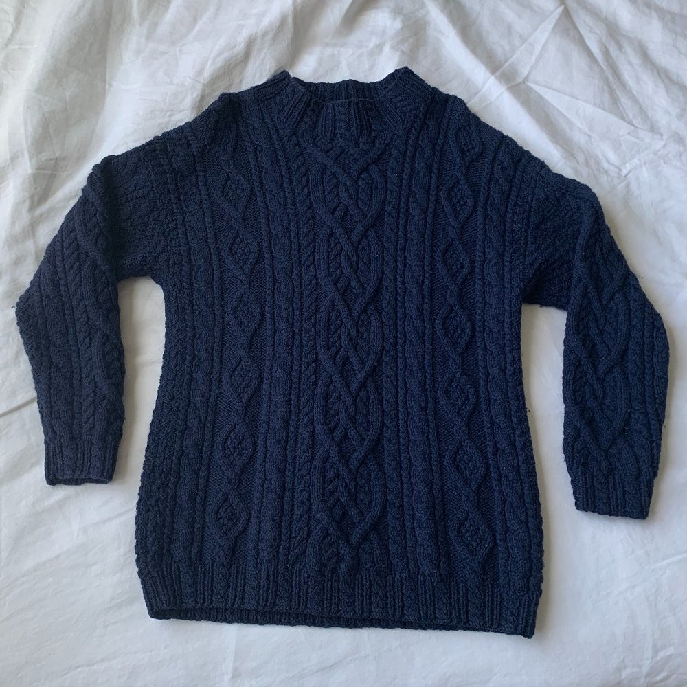 100% Wool Burberry Cable Knit Sweater Navy Blue M
